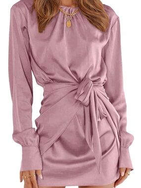 Pretty Garden Pink Mauve Tie-Waist Long Sleeve Satin Dress NWT